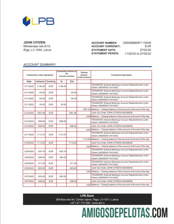 Extrato bancário realista da Letônia LPB em Excel e modelo PDF